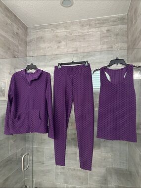 Women’s Purple Textured Lounge Set — Jacket, Leggings & Tank